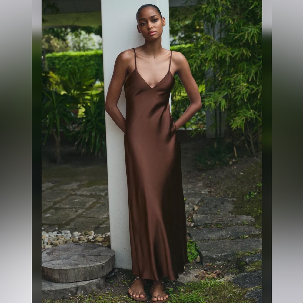Zara Satin Brown Midi Dress NWT
